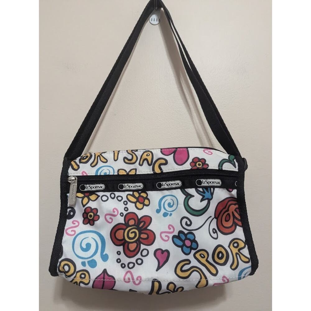 LeSportsac White Graffiti Crossbody Shoulder Bag Classic Hobo Purse Handbag